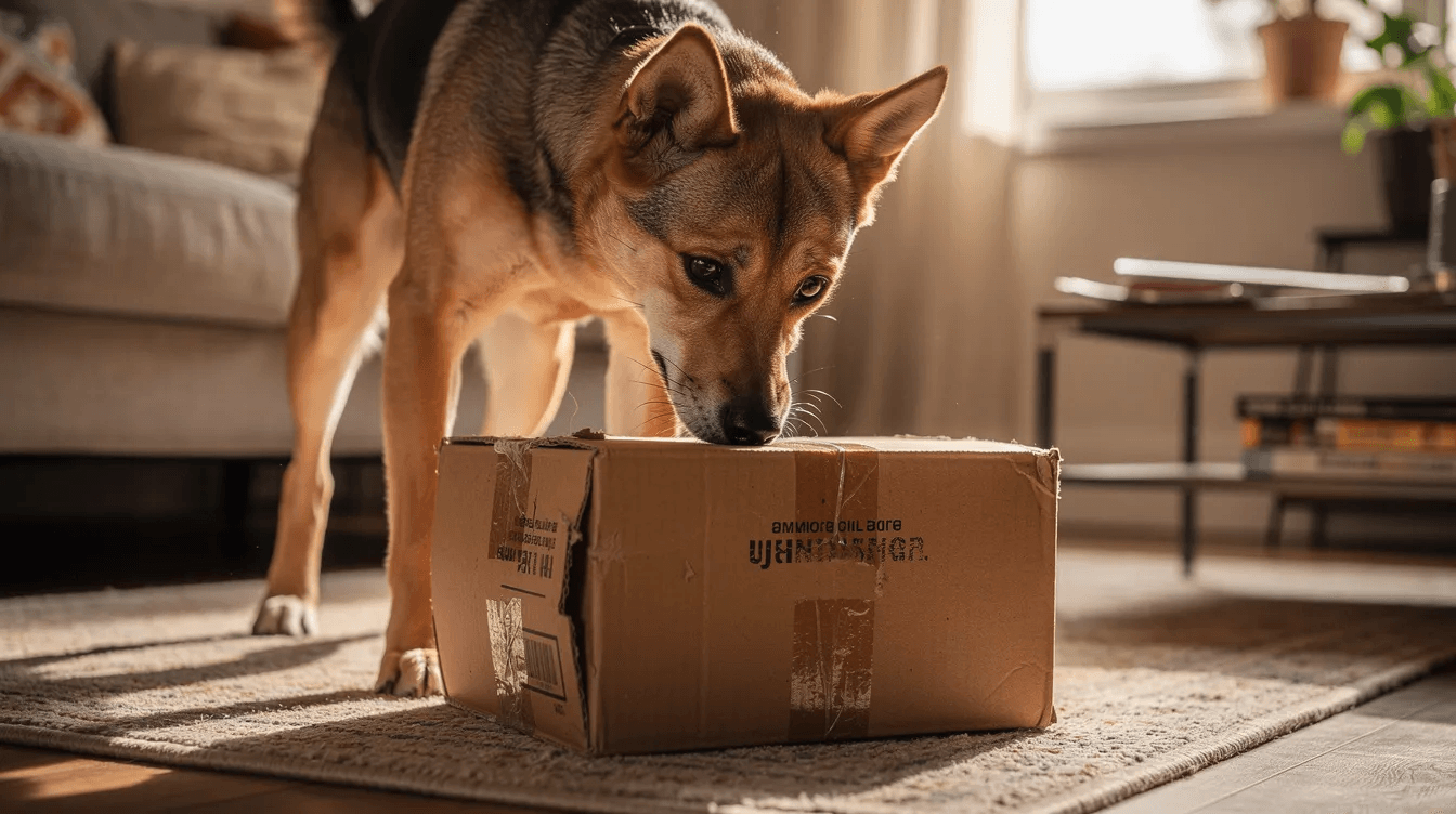 Een hond met een lage neus snuffelt aan een kartonnen doos in een woonkamer