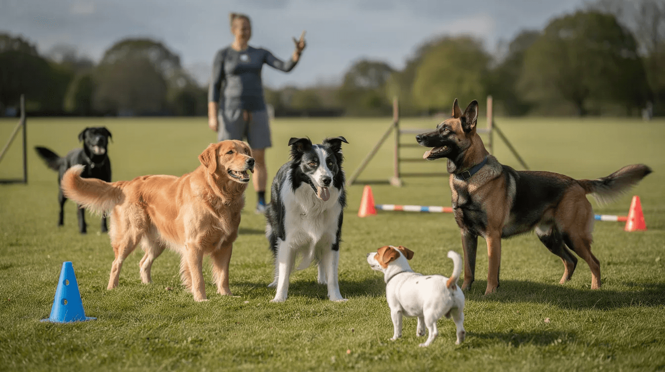 Een kleine groep honden traint samen op een groen grasveld onder de begeleiding van een kynologisch instructeur.