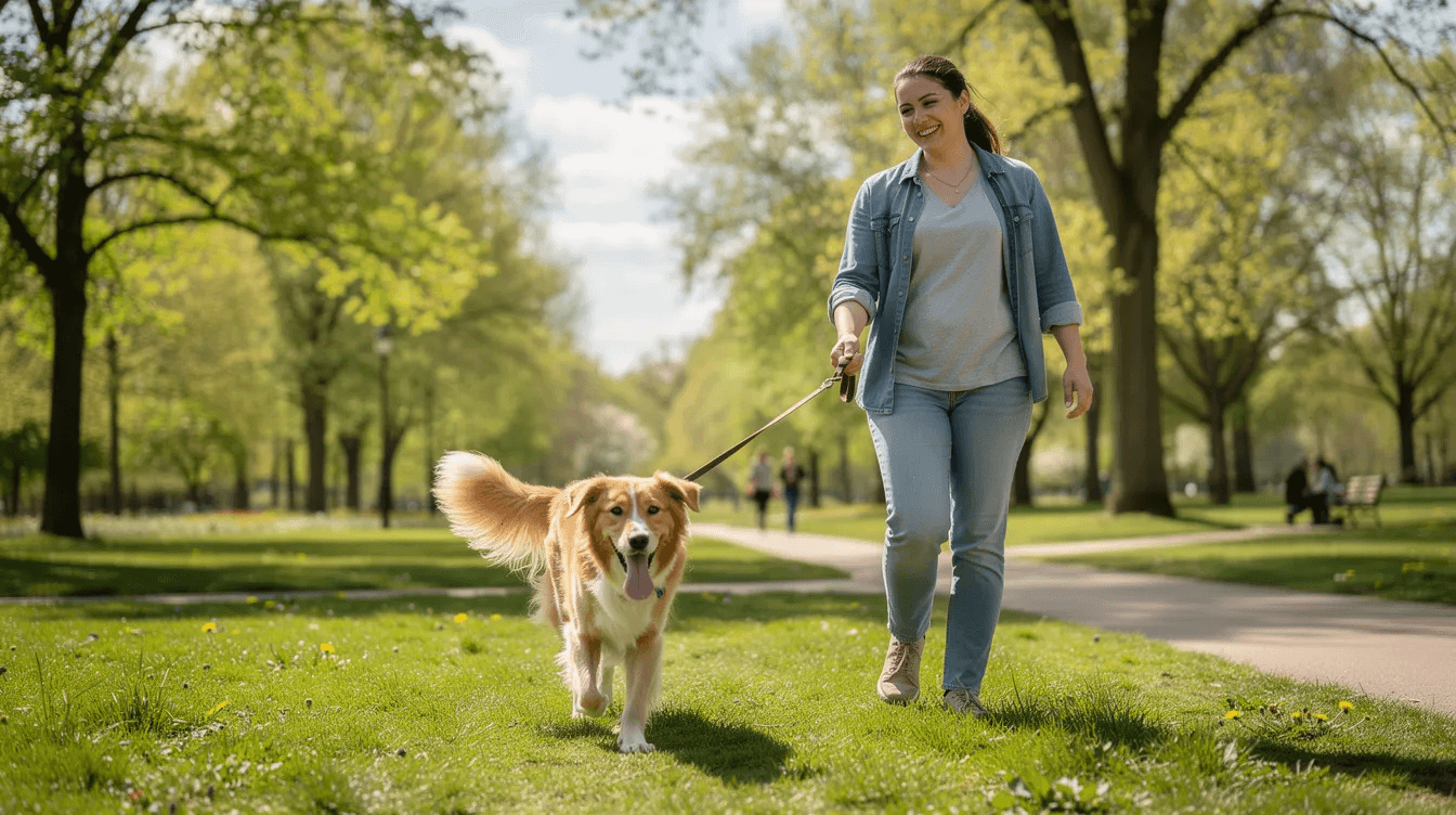 Een vrolijke hond wandelt samen met zijn eigenaar door een groen park
