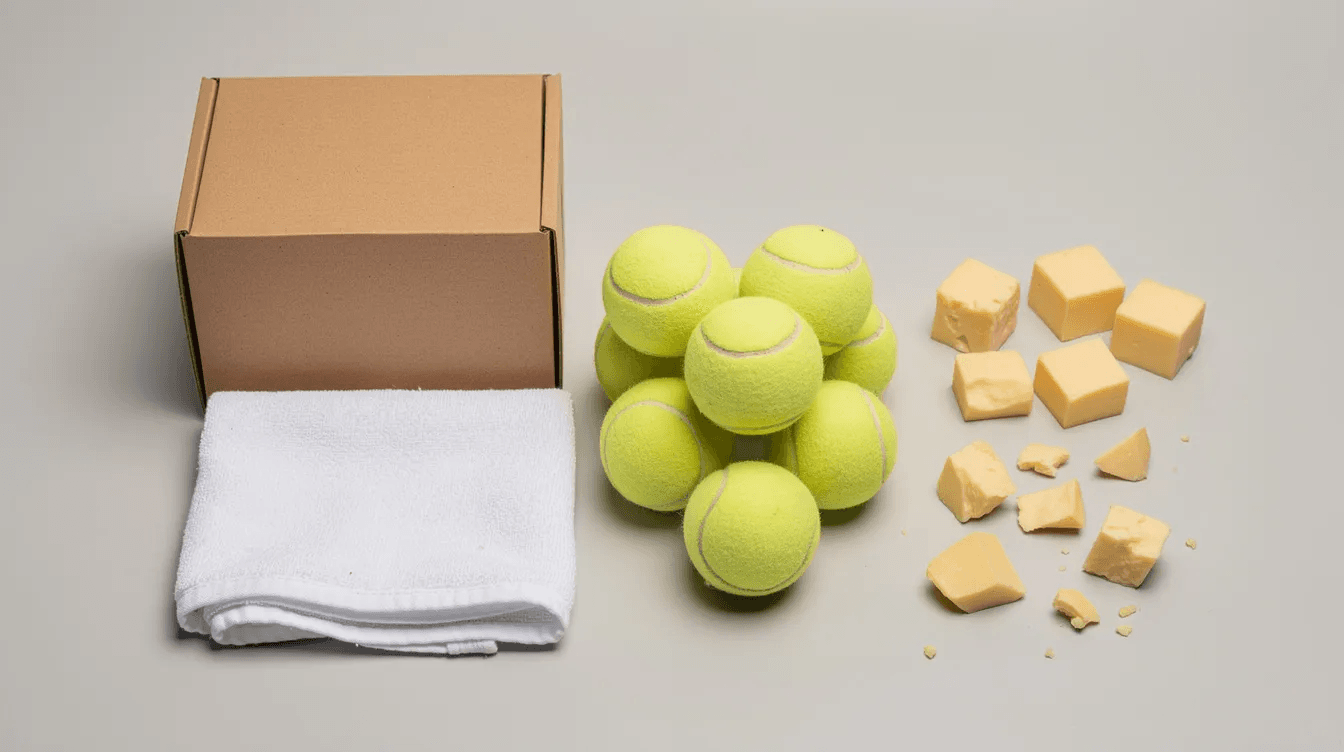 verschillende simpele trainingsmaterialen uitgestald, waaronder een kartonnen doos, een handdoek, tennisballen en stukjes kaas.